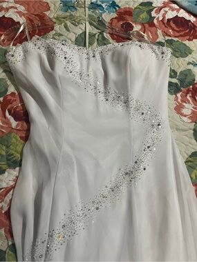 Strapless White Evening Gown with Crystal Spiral Detailing